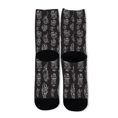 Black And White Robot Pattern Print Long Socks