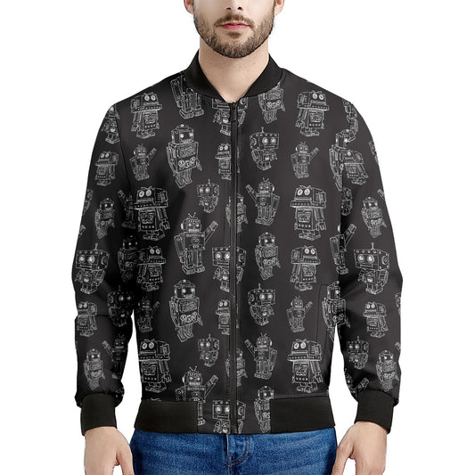 Black And White Robot Pattern Print Men's Bomber Jacket