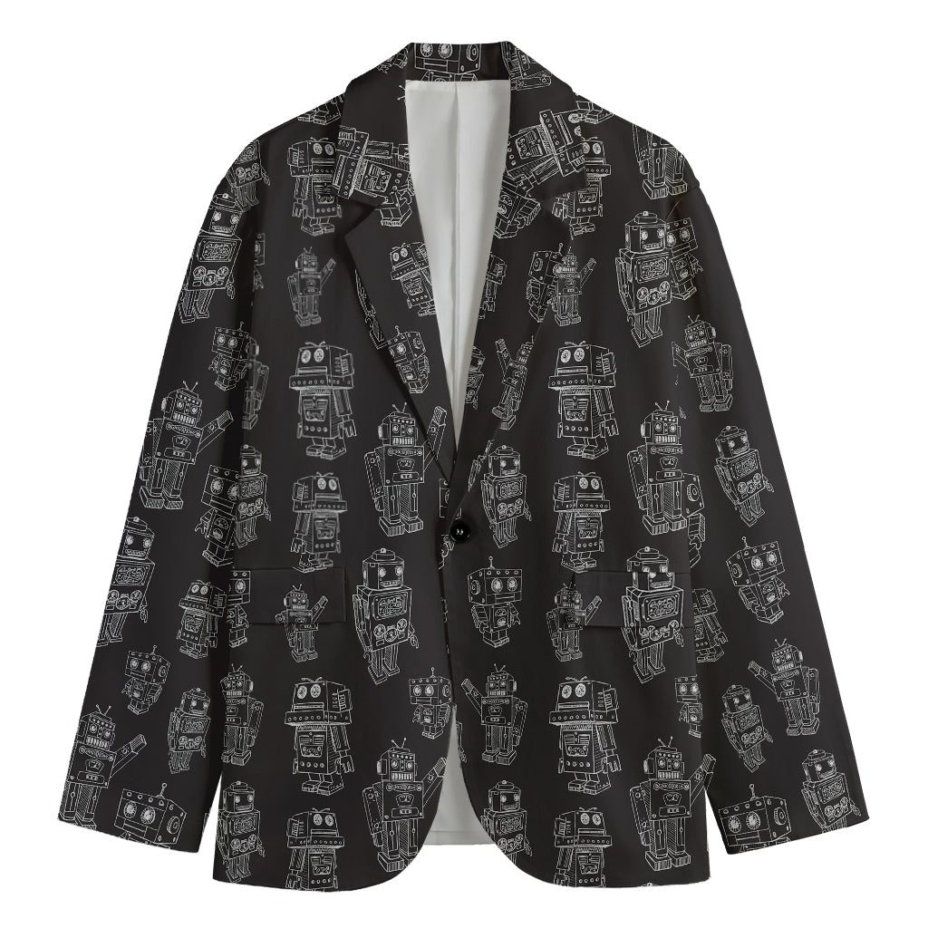 Black And White Robot Pattern Print Men's Cotton Blazer