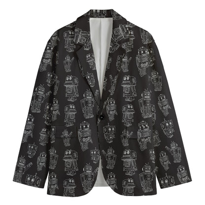 Black And White Robot Pattern Print Men's Cotton Blazer
