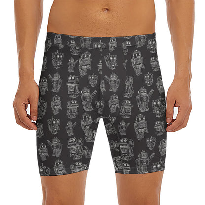 Black And White Robot Pattern Print Men's Long Boxer Briefs