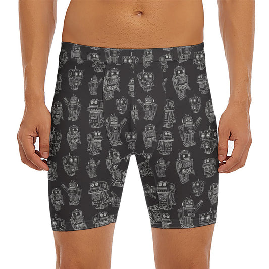 Black And White Robot Pattern Print Men's Long Boxer Briefs