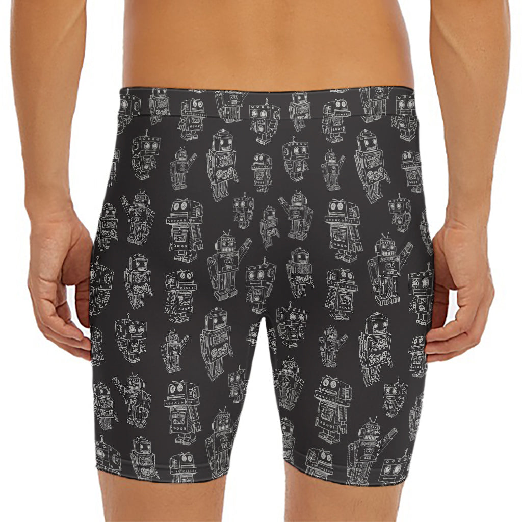 Black And White Robot Pattern Print Men's Long Boxer Briefs