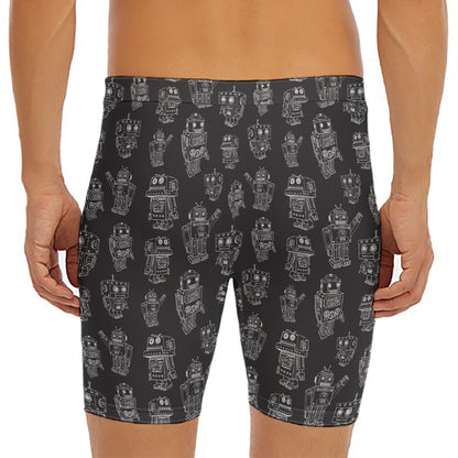 Black And White Robot Pattern Print Men's Long Boxer Briefs