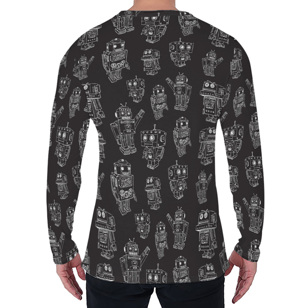 Black And White Robot Pattern Print Men's Long Sleeve T-Shirt