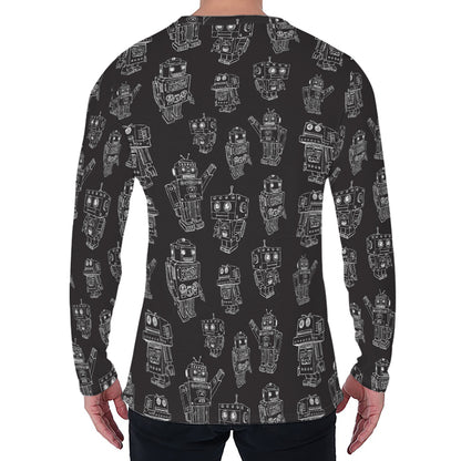 Black And White Robot Pattern Print Men's Long Sleeve T-Shirt