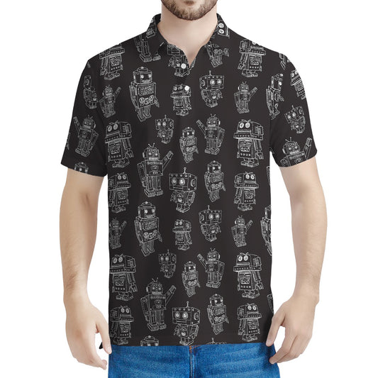 Black And White Robot Pattern Print Men's Polo Shirt