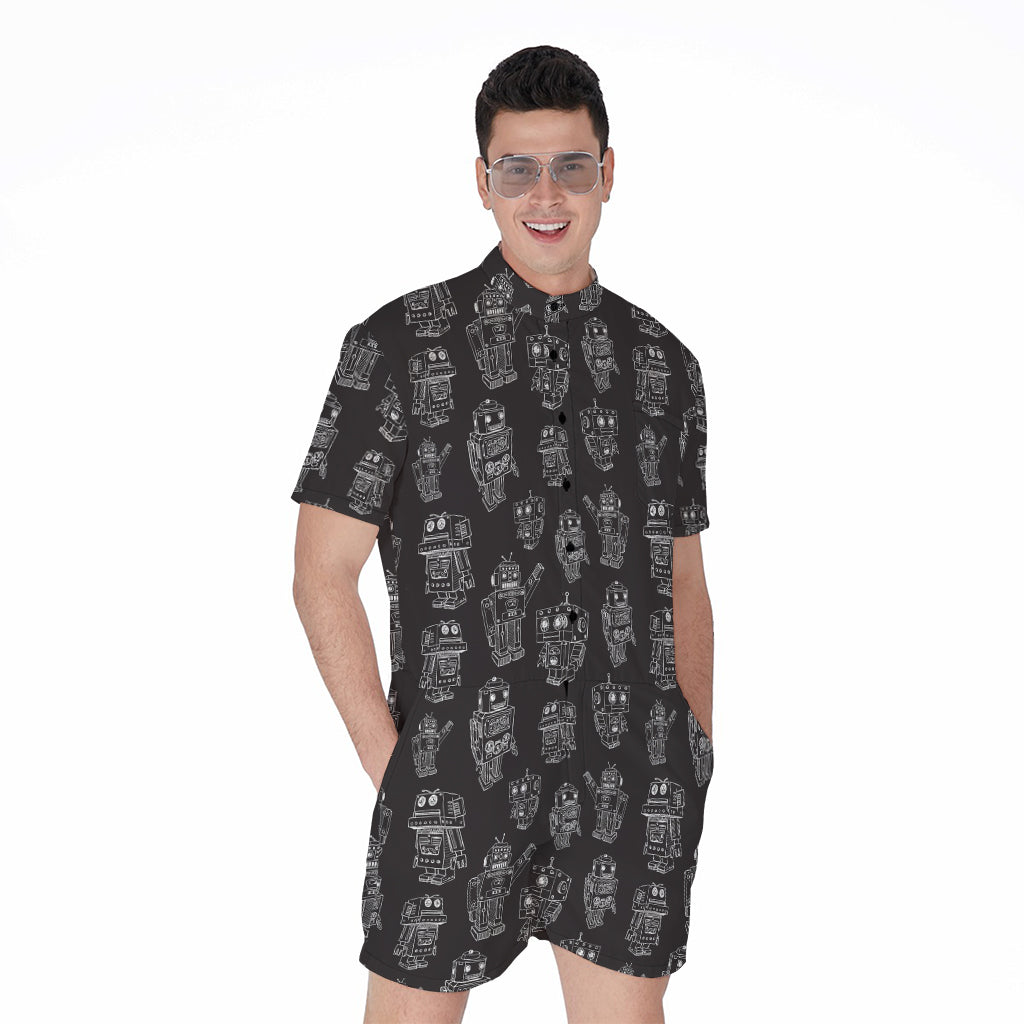 Black And White Robot Pattern Print Men's Rompers