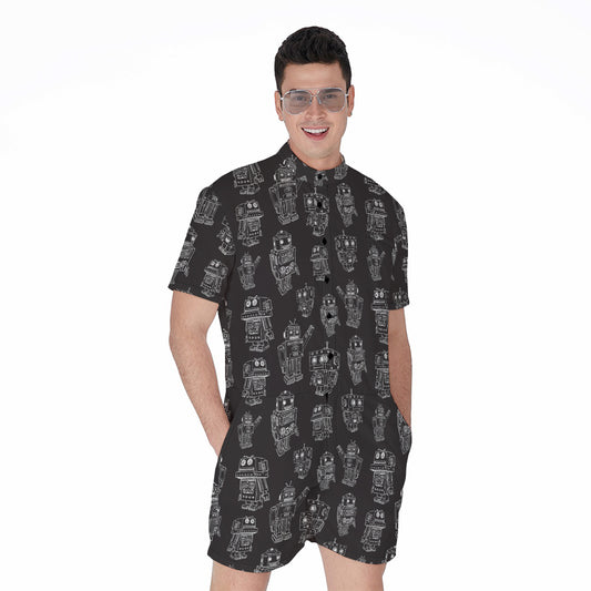 Black And White Robot Pattern Print Men's Rompers
