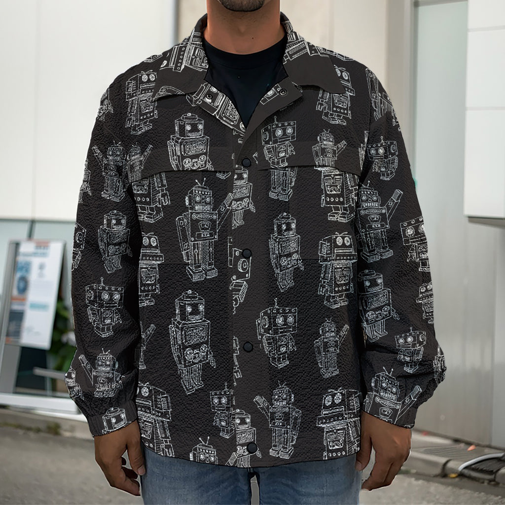 Black And White Robot Pattern Print Men's Shirt Jacket