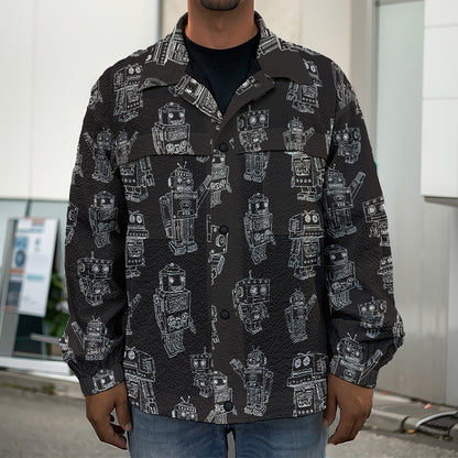 Black And White Robot Pattern Print Men's Shirt Jacket