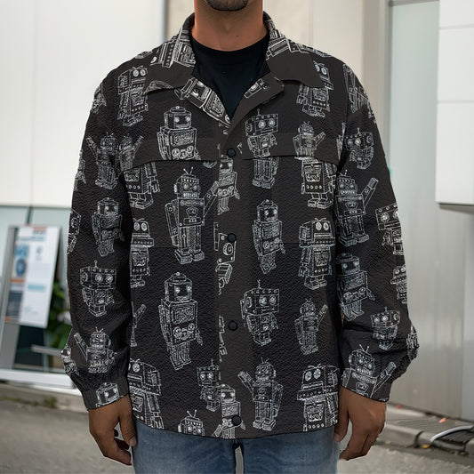 Black And White Robot Pattern Print Men's Shirt Jacket