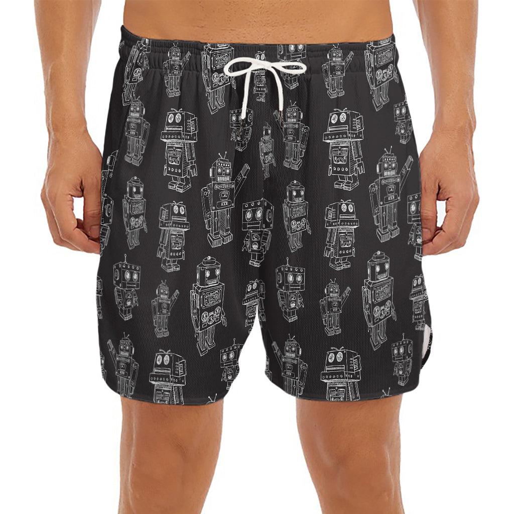 Black And White Robot Pattern Print Men's Split Running Shorts