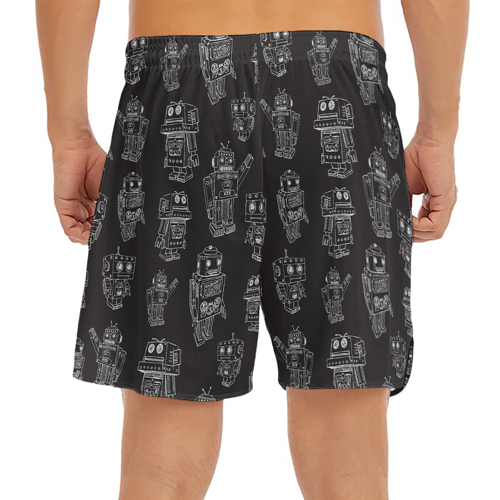 Black And White Robot Pattern Print Men's Split Running Shorts