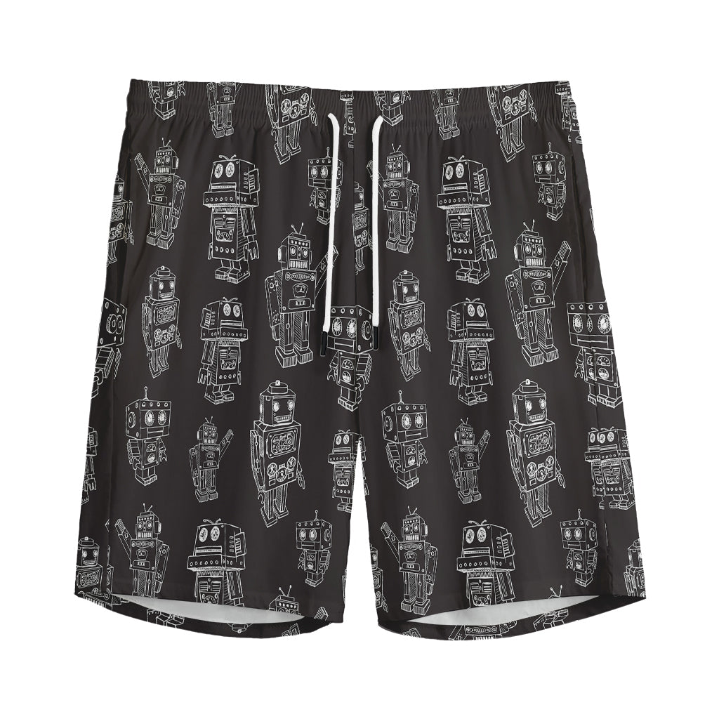 Black And White Robot Pattern Print Men's Sports Shorts