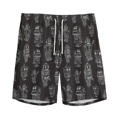 Black And White Robot Pattern Print Men's Sports Shorts