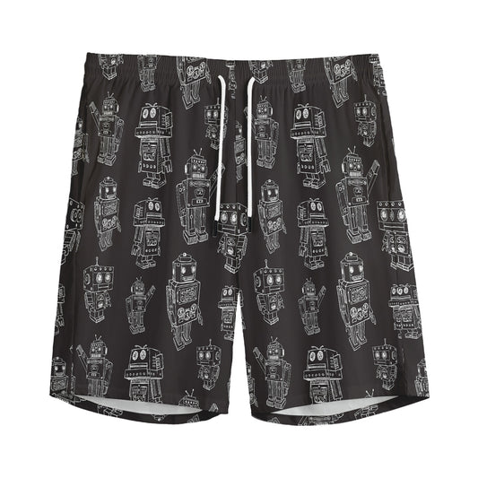 Black And White Robot Pattern Print Men's Sports Shorts