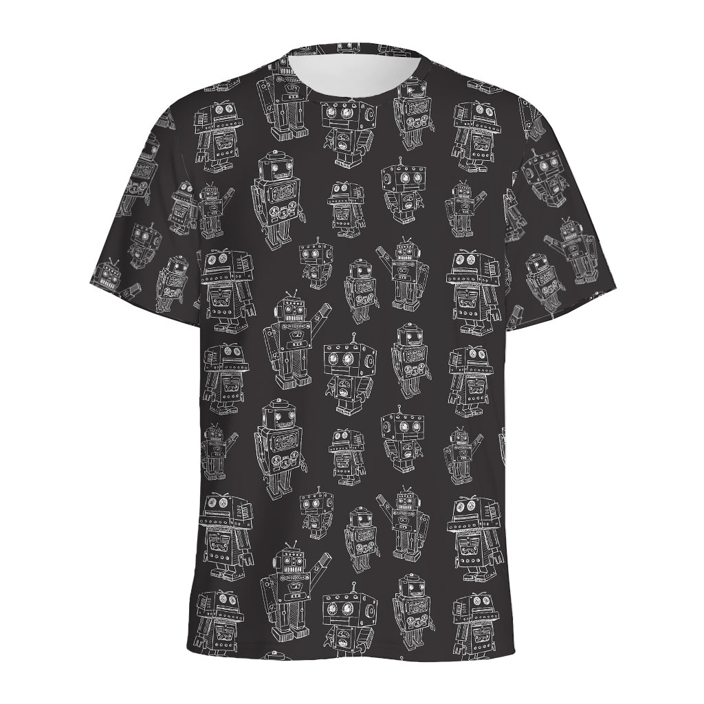 Black And White Robot Pattern Print Men's Sports T-Shirt