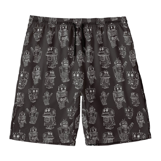 Black And White Robot Pattern Print Men's Swim Trunks