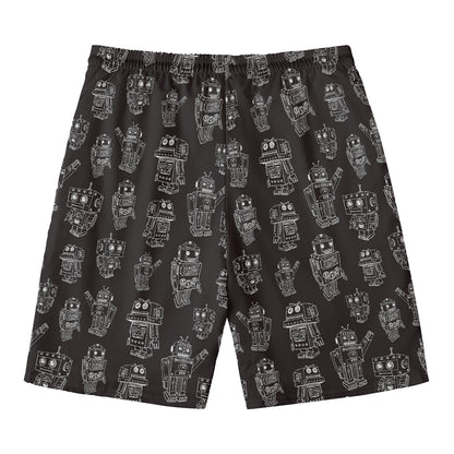 Black And White Robot Pattern Print Men's Swim Trunks