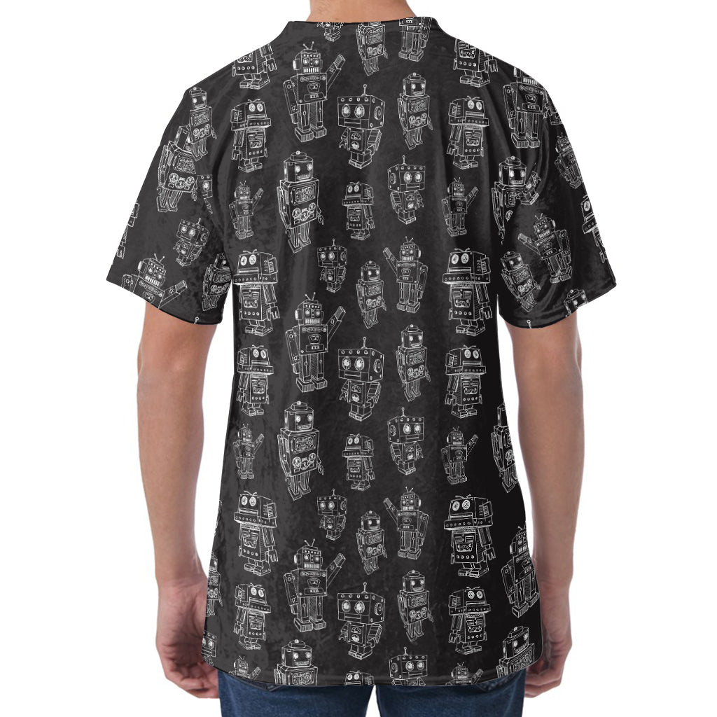 Black And White Robot Pattern Print Men's Velvet T-Shirt