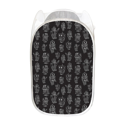 Black And White Robot Pattern Print Mesh Laundry Hamper