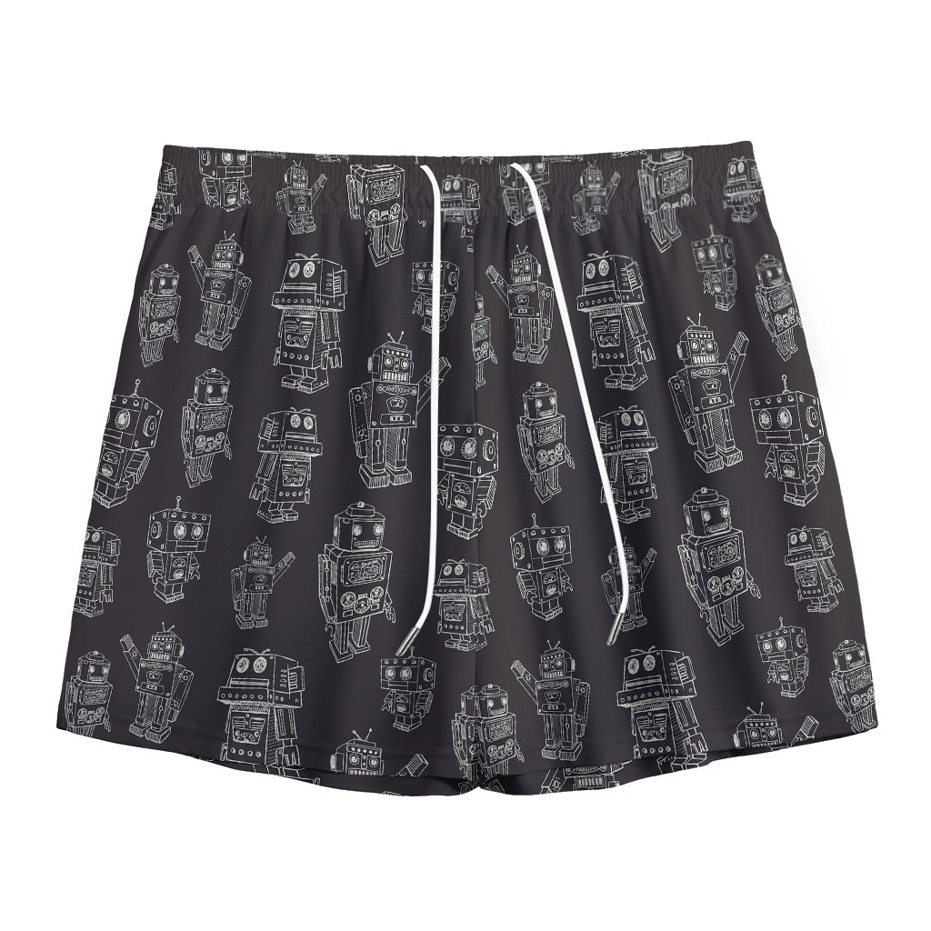 Black And White Robot Pattern Print Mesh Shorts