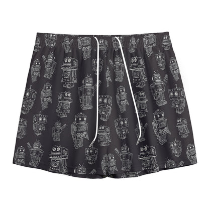 Black And White Robot Pattern Print Mesh Shorts