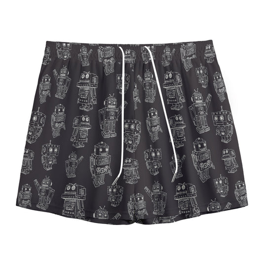 Black And White Robot Pattern Print Mesh Shorts
