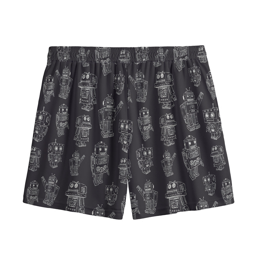 Black And White Robot Pattern Print Mesh Shorts