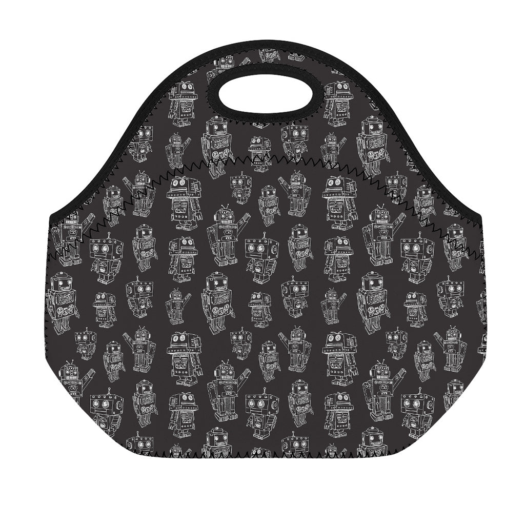 Black And White Robot Pattern Print Neoprene Lunch Bag