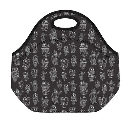 Black And White Robot Pattern Print Neoprene Lunch Bag