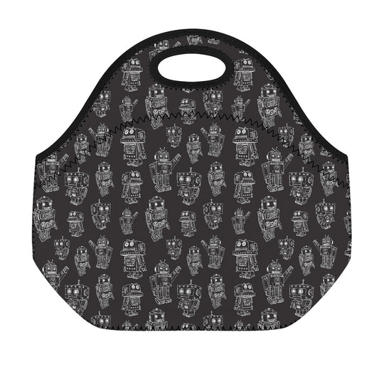 Black And White Robot Pattern Print Neoprene Lunch Bag