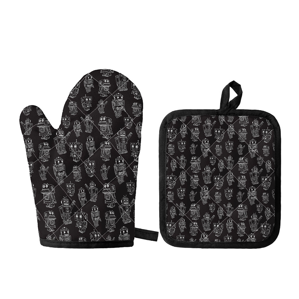 Black And White Robot Pattern Print Oven Mitt And Pot Holder Set
