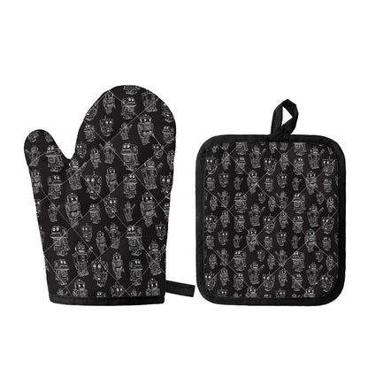 Black And White Robot Pattern Print Oven Mitt And Pot Holder Set