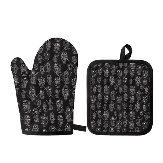 Black And White Robot Pattern Print Oven Mitt And Pot Holder Set
