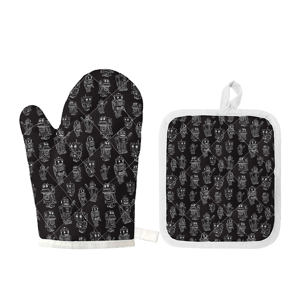 Black And White Robot Pattern Print Oven Mitt And Pot Holder Set