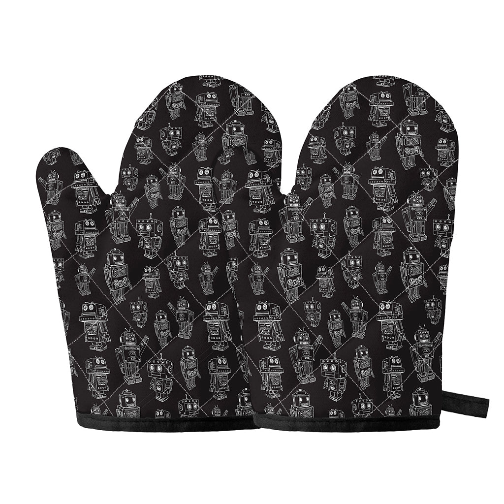Black And White Robot Pattern Print Oven Mitts
