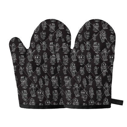 Black And White Robot Pattern Print Oven Mitts