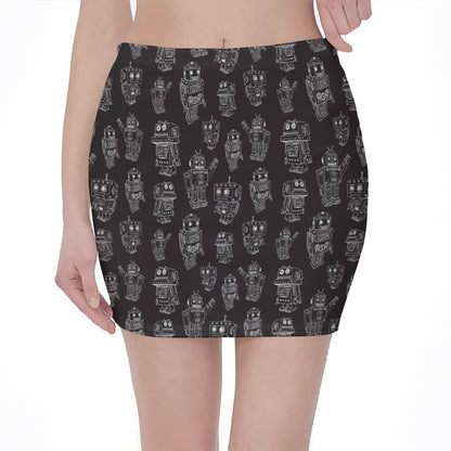 Black And White Robot Pattern Print Pencil Mini Skirt