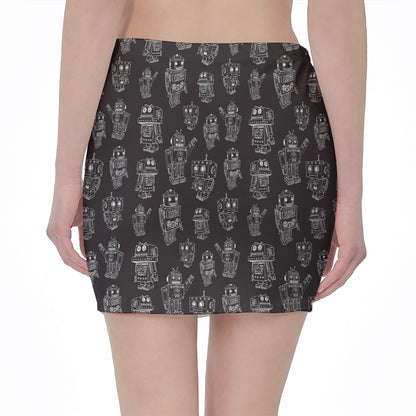 Black And White Robot Pattern Print Pencil Mini Skirt