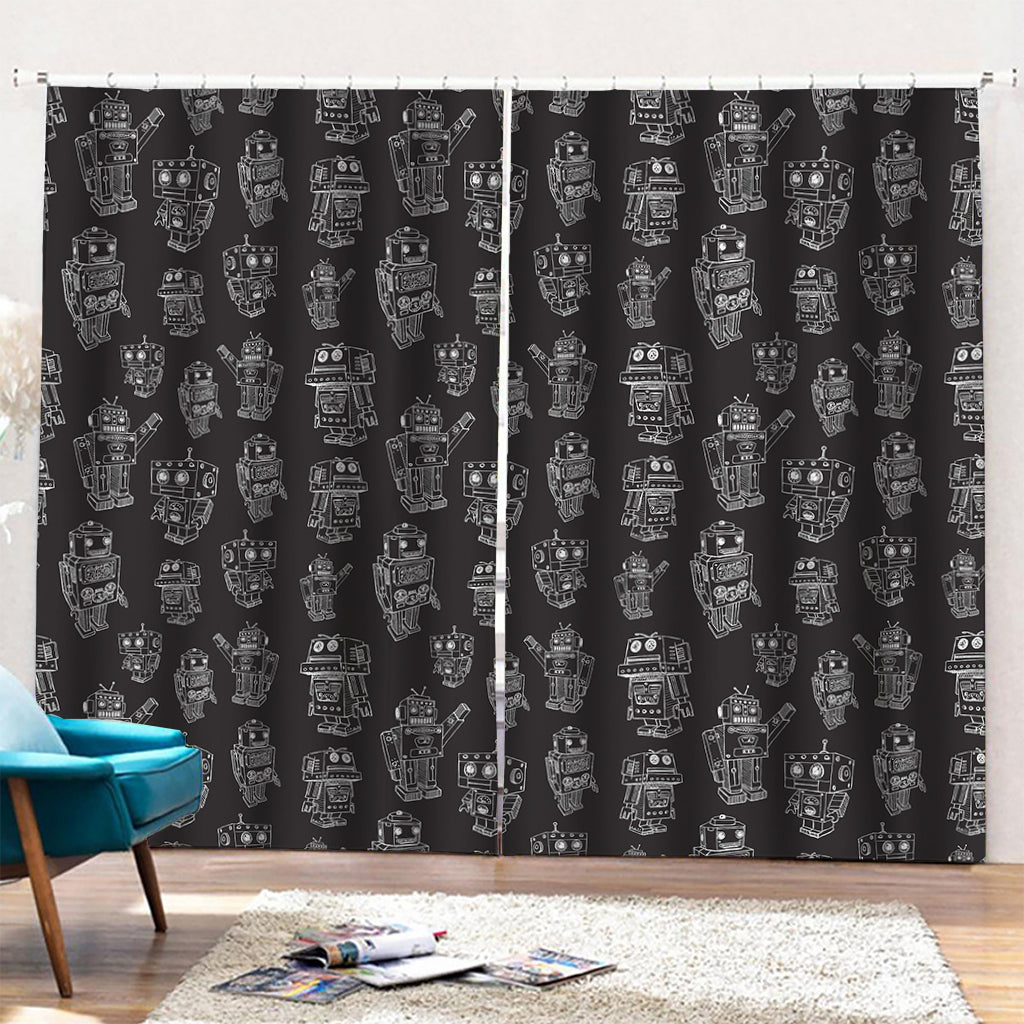 Black And White Robot Pattern Print Pencil Pleat Curtains