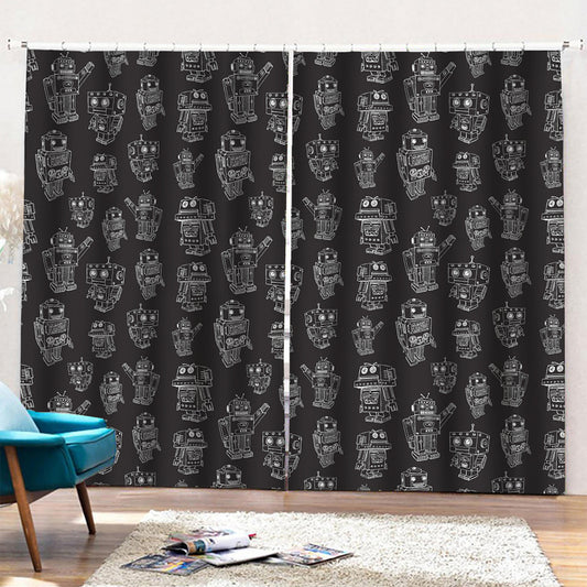 Black And White Robot Pattern Print Pencil Pleat Curtains