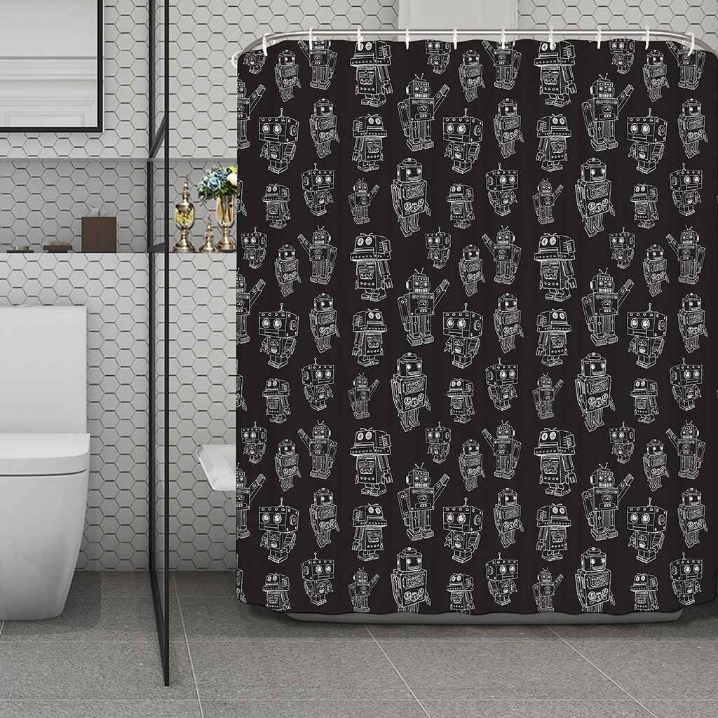 Black And White Robot Pattern Print Polyester Shower Curtain