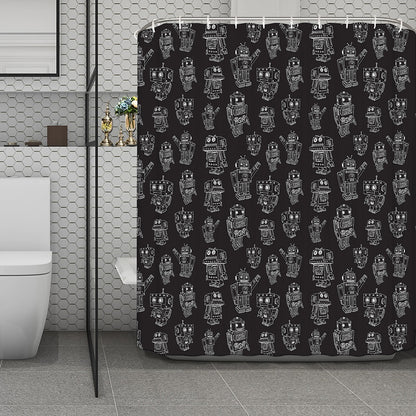 Black And White Robot Pattern Print Polyester Shower Curtain
