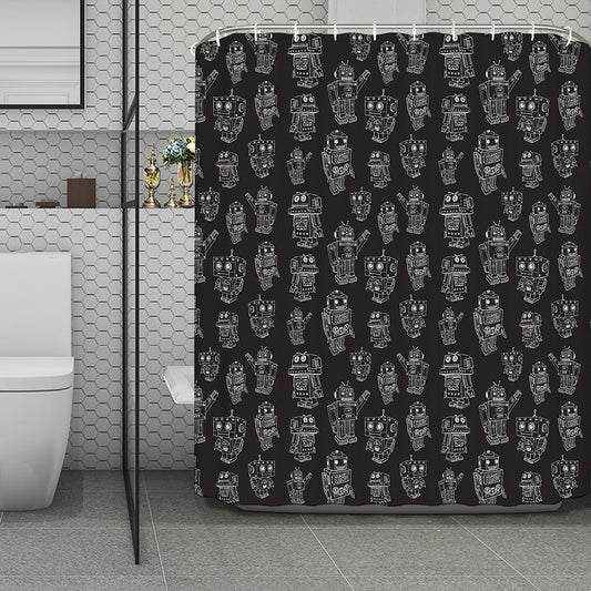 Black And White Robot Pattern Print Polyester Shower Curtain