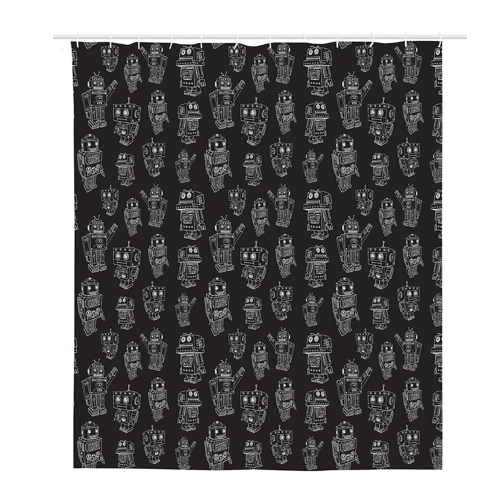 Black And White Robot Pattern Print Polyester Shower Curtain