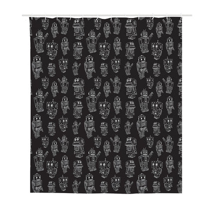 Black And White Robot Pattern Print Polyester Shower Curtain