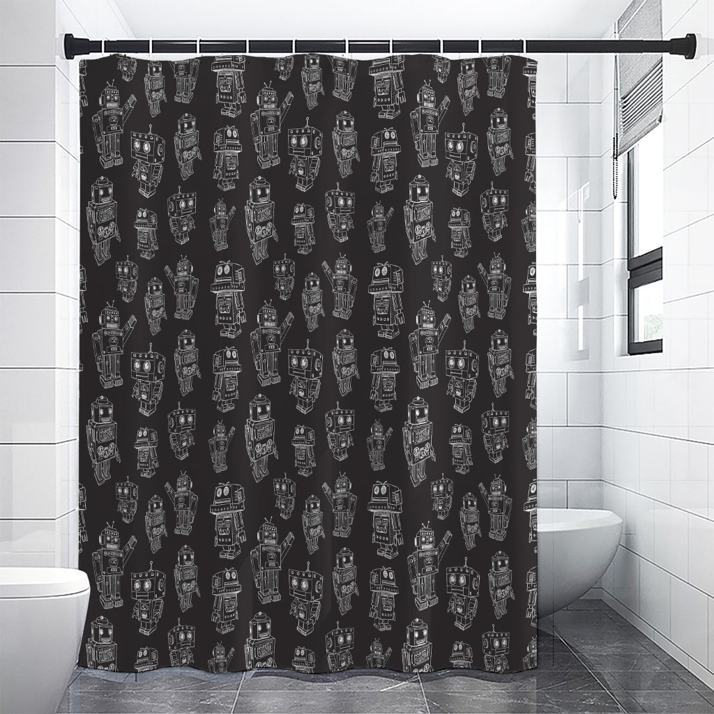 Black And White Robot Pattern Print Premium Shower Curtain