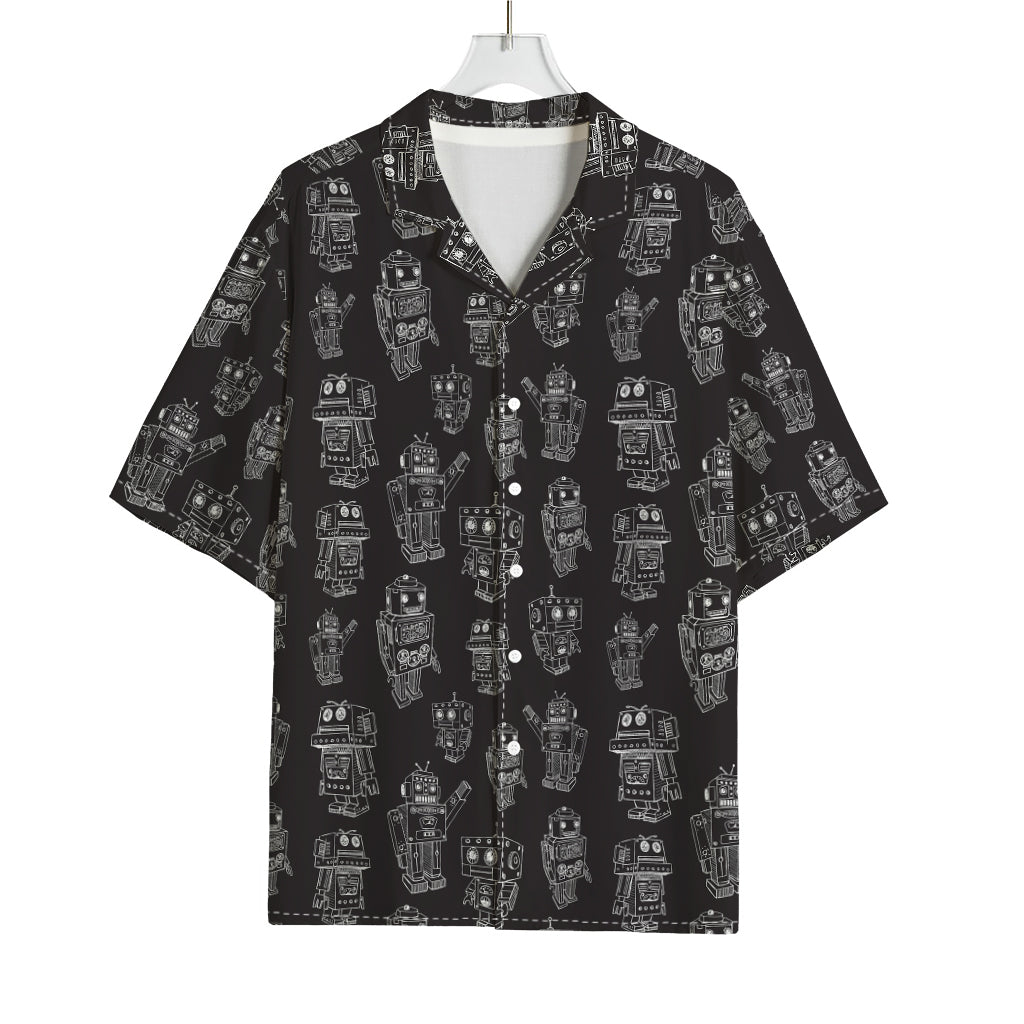 Black And White Robot Pattern Print Rayon Hawaiian Shirt